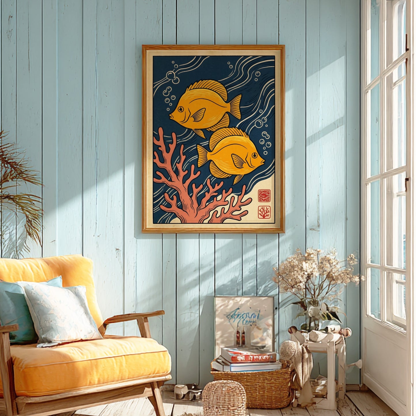 Japanese art style poster featuring yellow fish and coral in vibrant colors