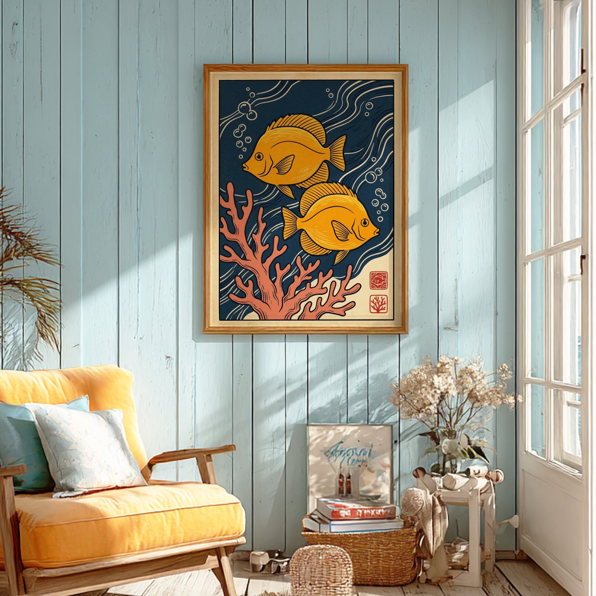 Japanese art style poster featuring yellow fish and coral in vibrant colors