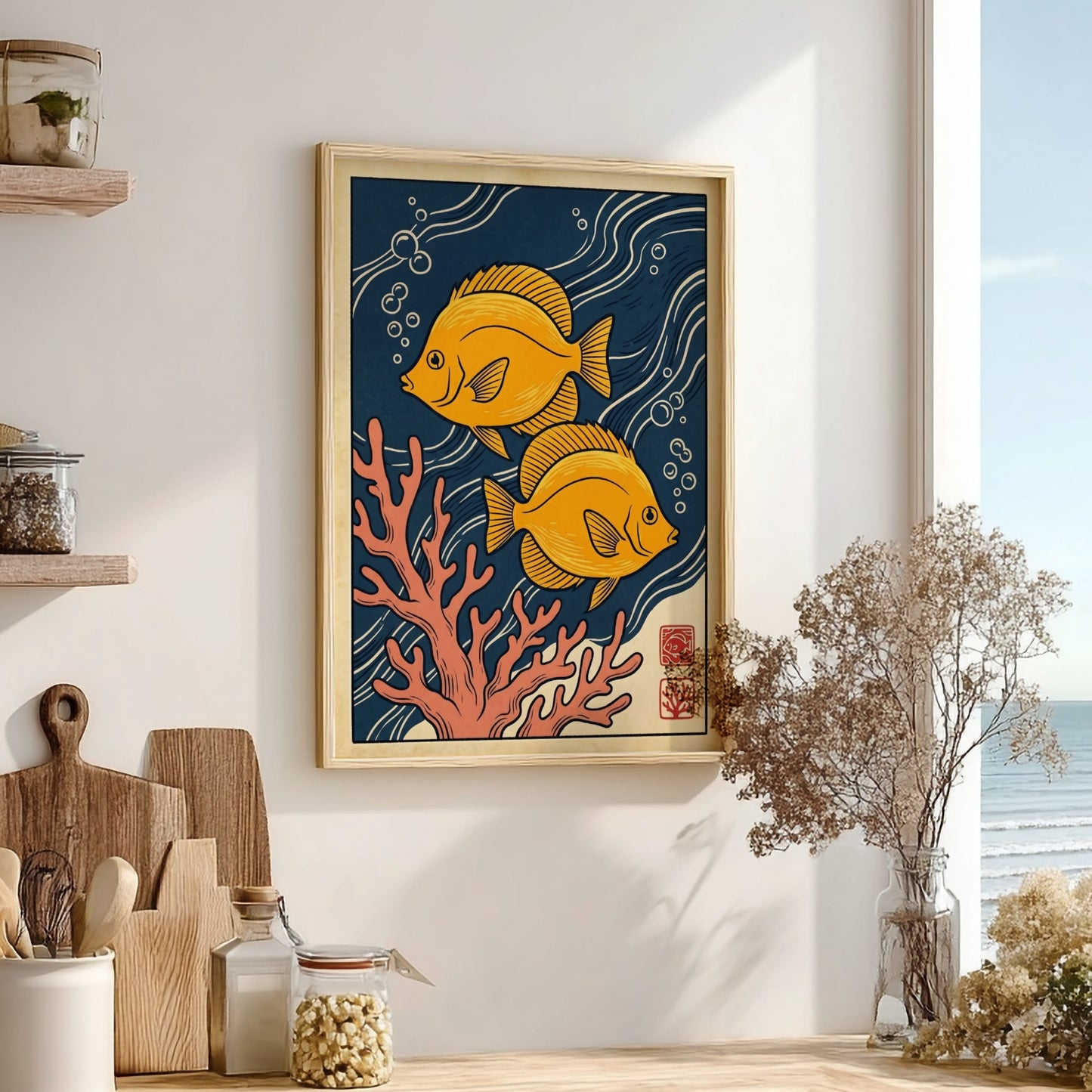 Japanese art style poster featuring yellow fish and coral in vibrant colors
