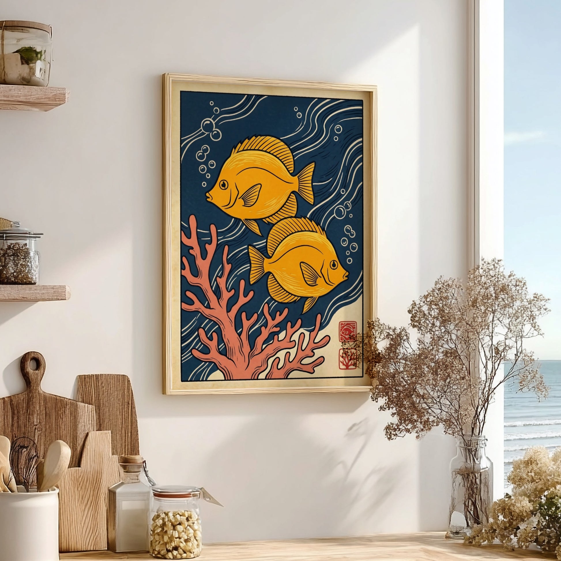 Japanese art style poster featuring yellow fish and coral in vibrant colors