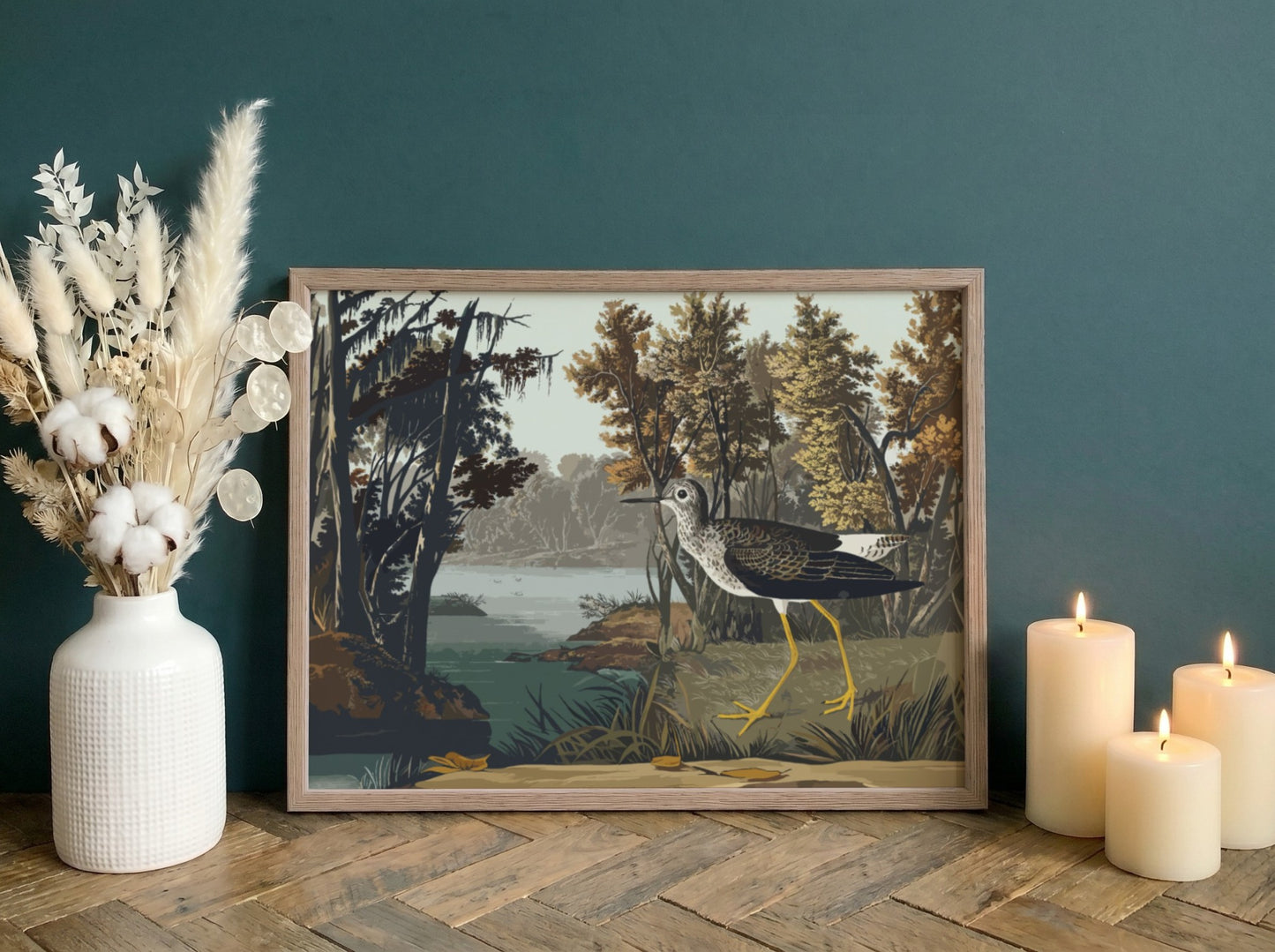 Yellow Shank Bird Poster showcasing nature scene with vibrant colors, vintage style artwork for wall decor