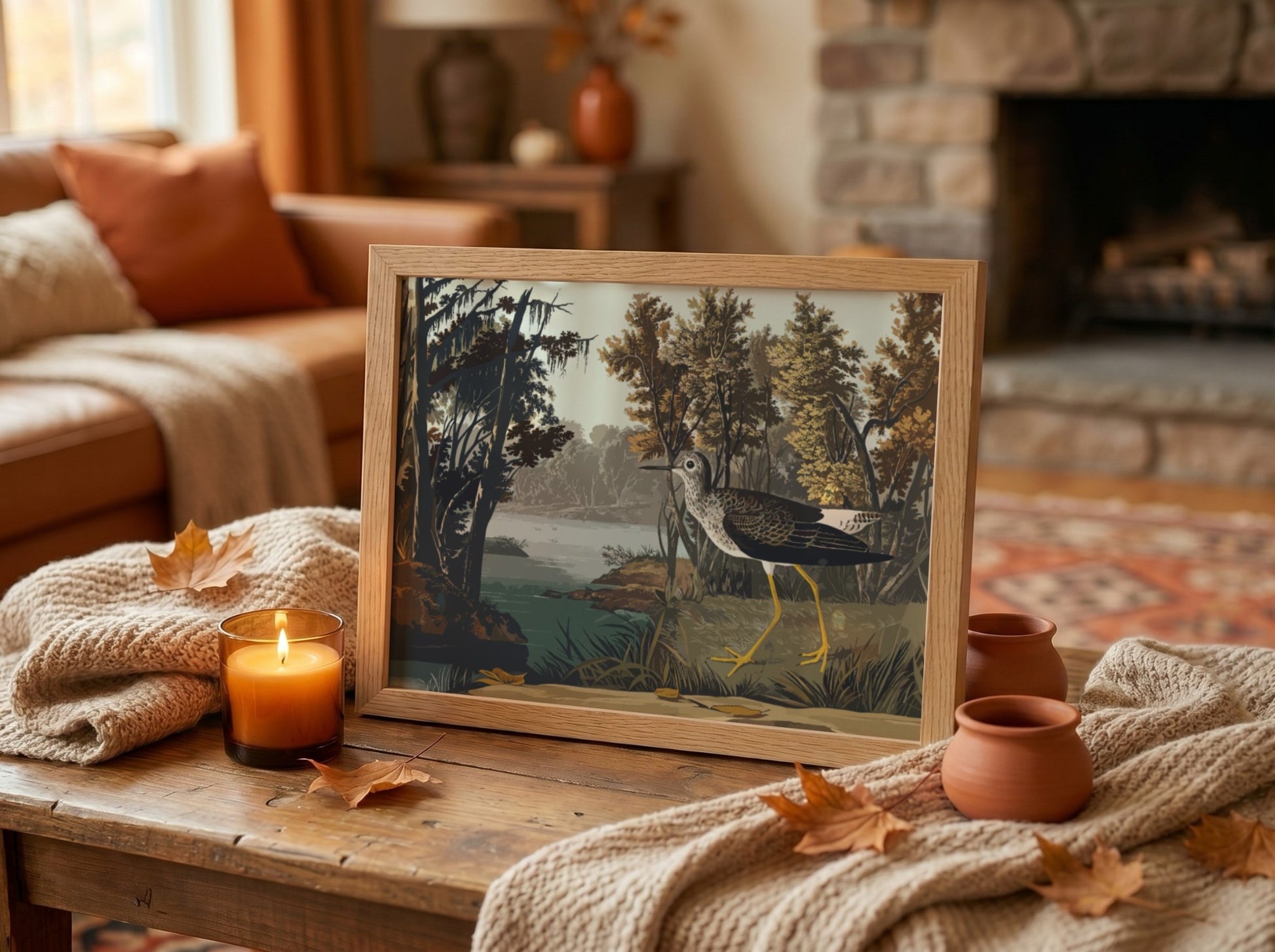 Yellow Shank Bird Poster showcasing nature scene with vibrant colors, vintage style artwork for wall decor