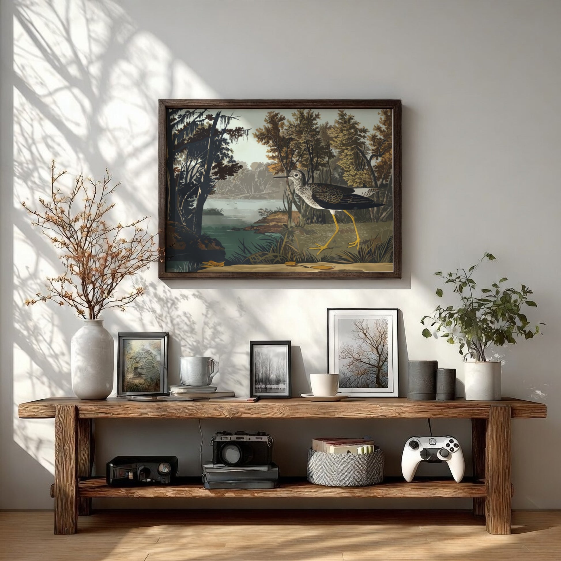 Yellow Shank Bird Poster showcasing nature scene with vibrant colors, vintage style artwork for wall decor