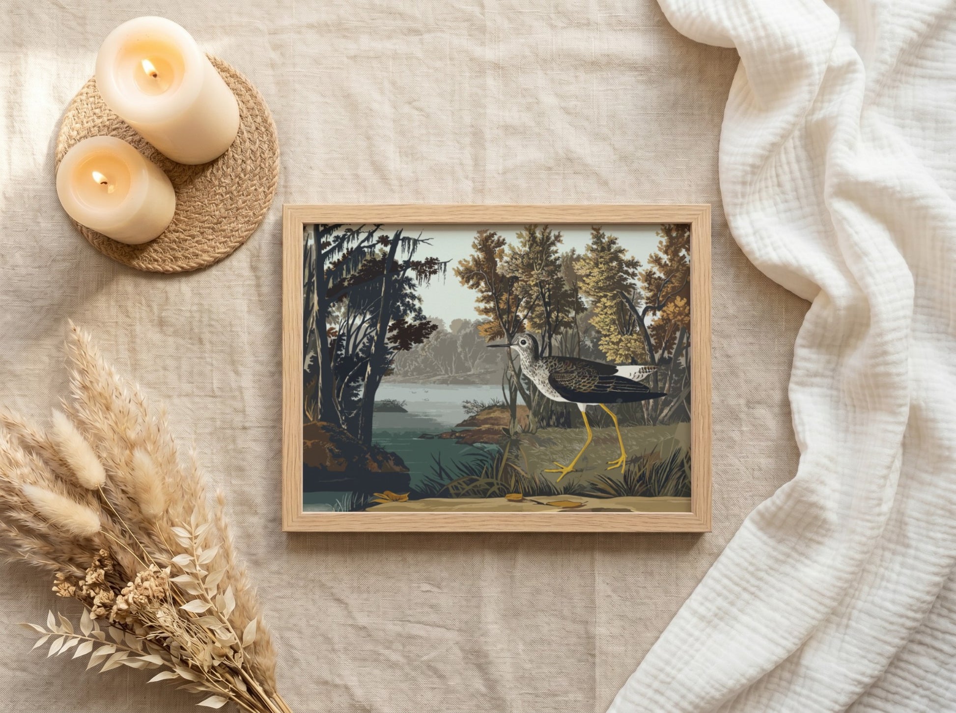 Yellow Shank Bird Poster showcasing nature scene with vibrant colors, vintage style artwork for wall decor