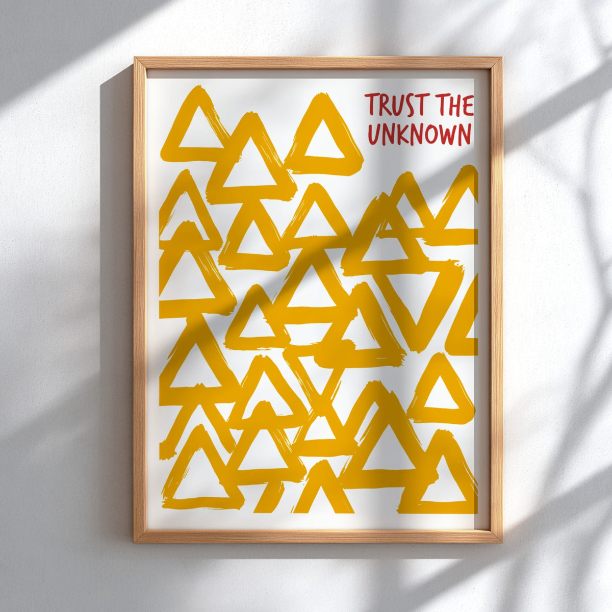 Motivational poster featuring hand-painted yellow triangles and the text Trust The Unknown above.