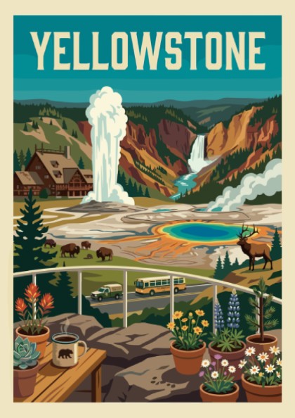 Vintage Yellowstone National Park poster with a geyser, hot springs, waterfall, bison, and elk. Retro travel