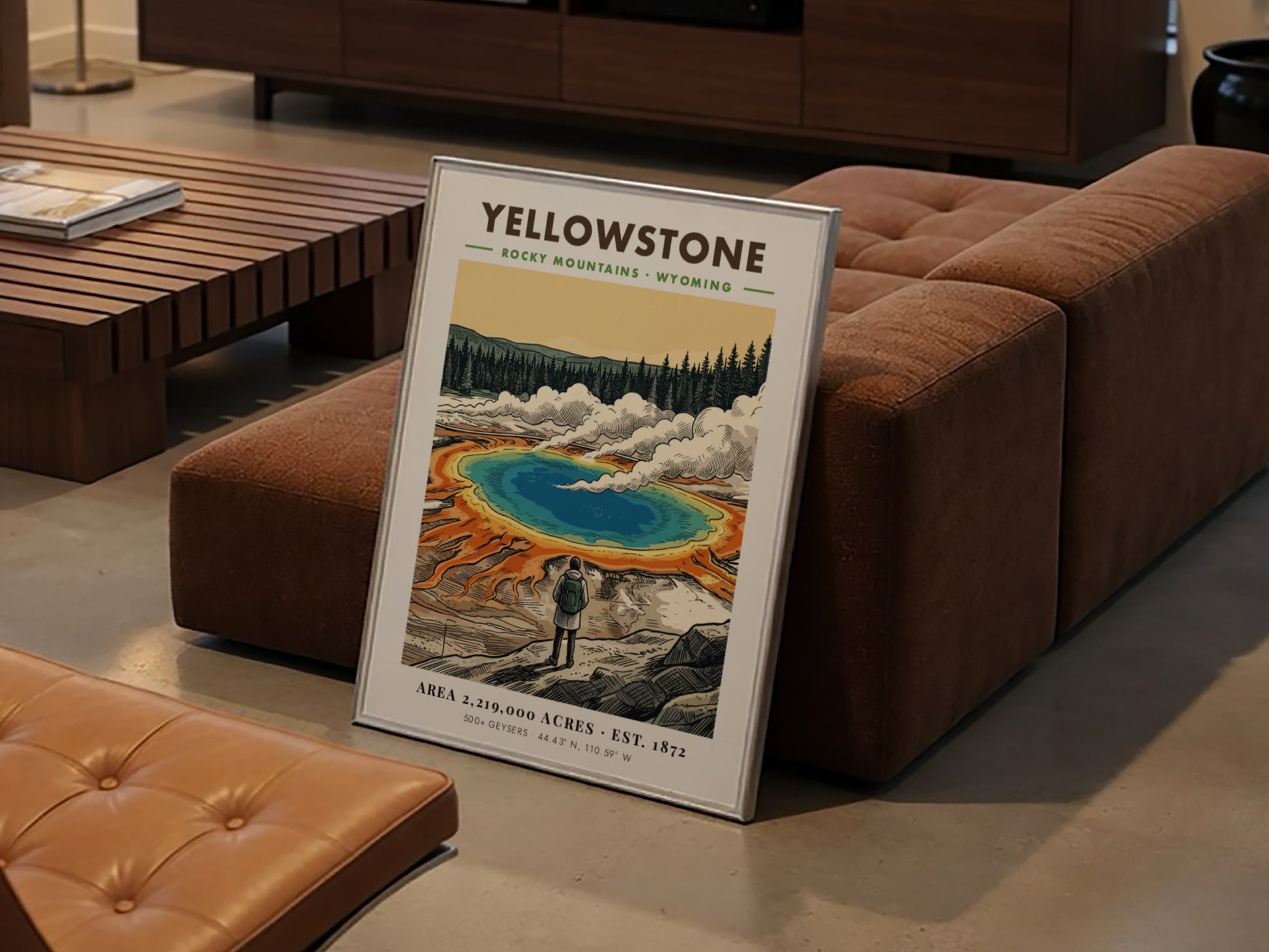 Poster of Yellowstone National Park featuring a hiker looking at a geothermal spring.