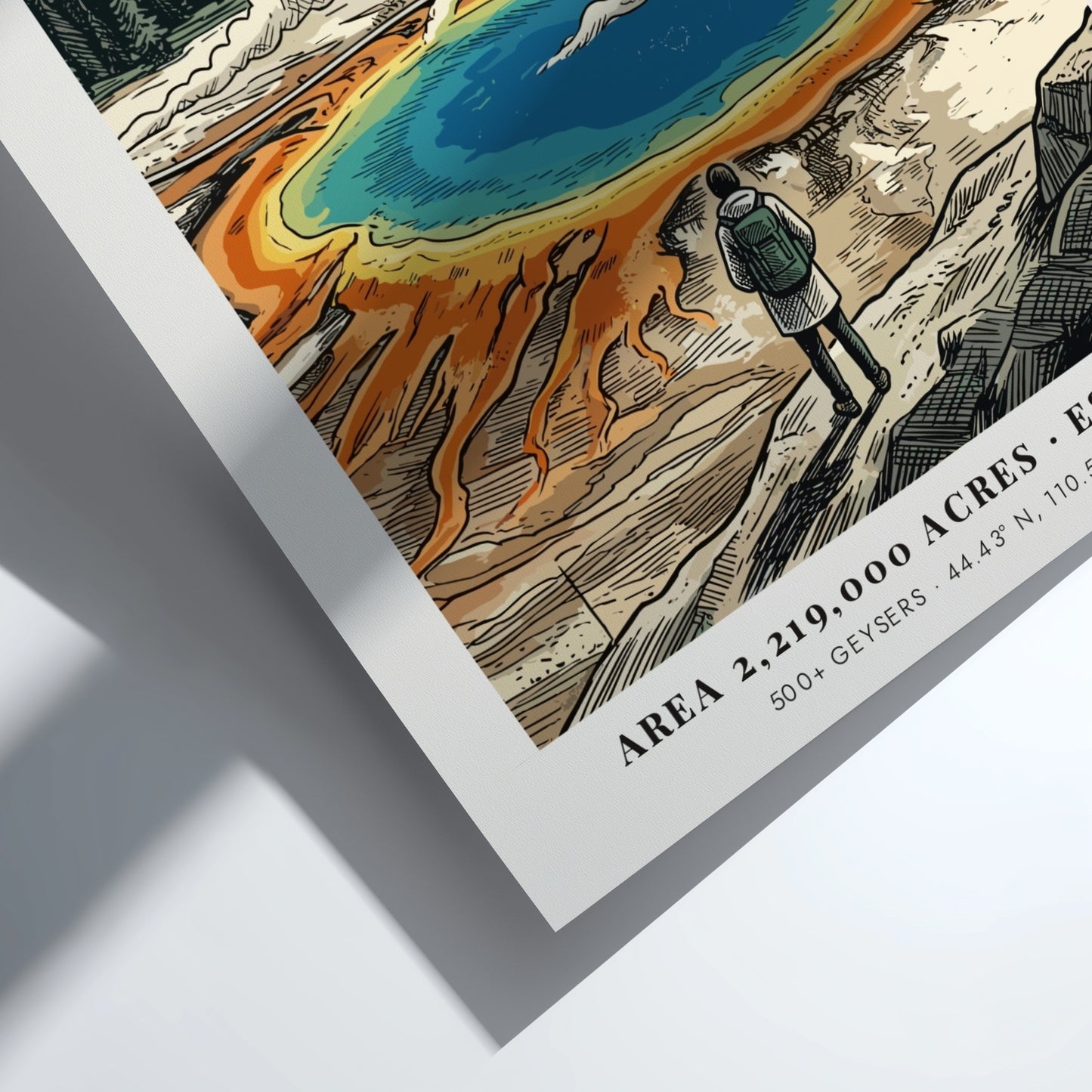 Poster of Yellowstone National Park featuring a hiker looking at a geothermal spring.