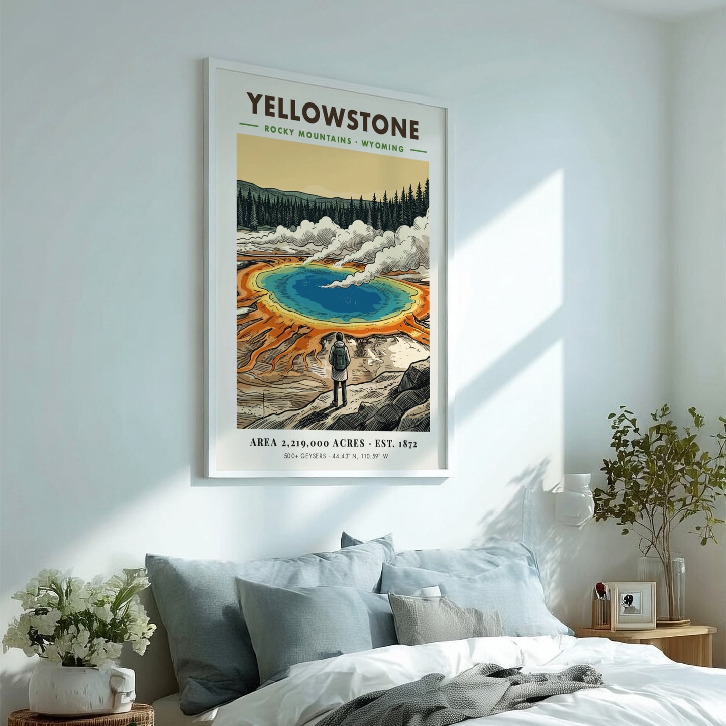 Poster of Yellowstone National Park featuring a hiker looking at a geothermal spring.
