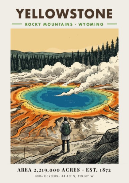 Poster of Yellowstone National Park featuring a hiker looking at a geothermal spring.