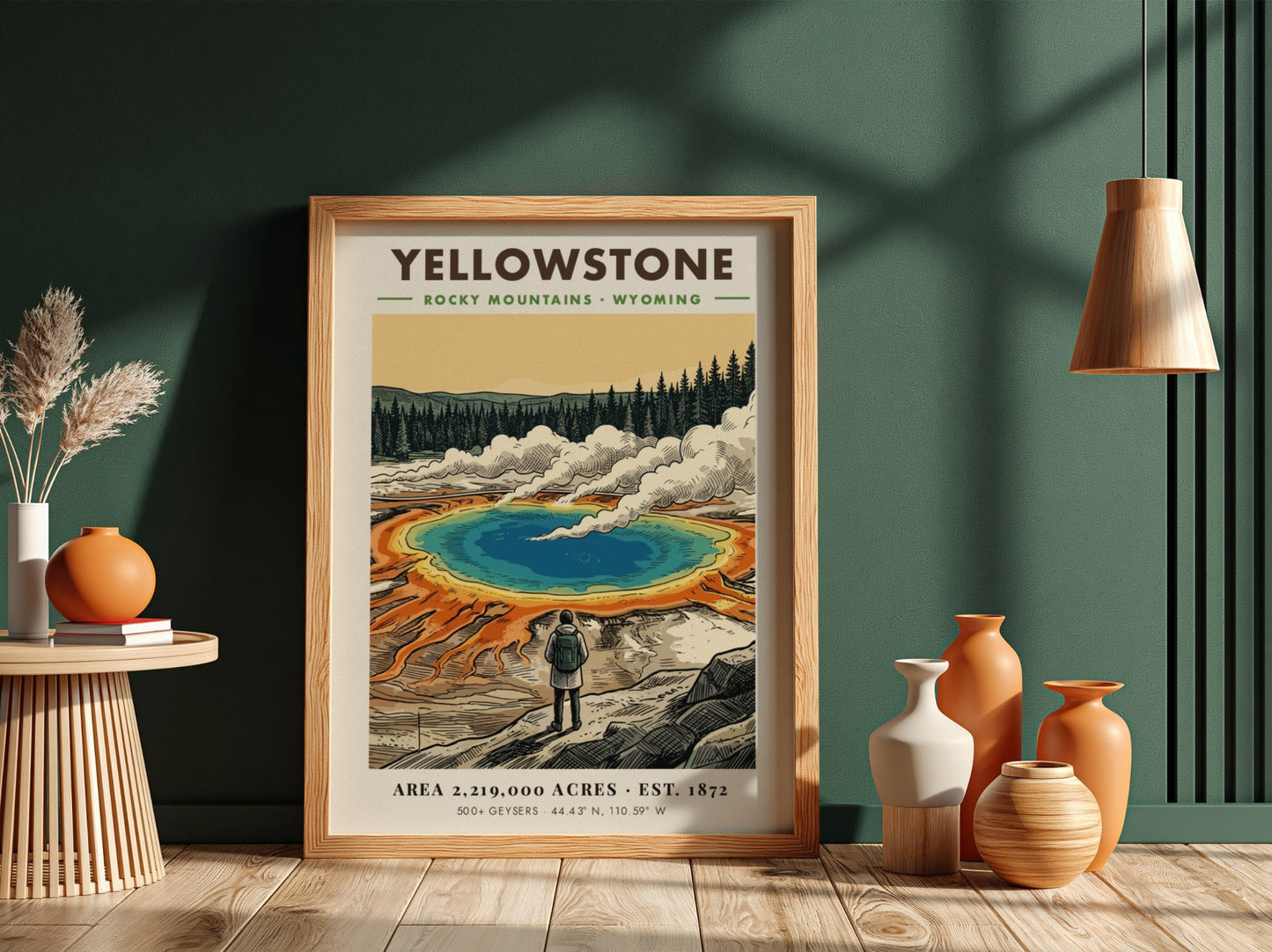 Poster of Yellowstone National Park featuring a hiker looking at a geothermal spring.