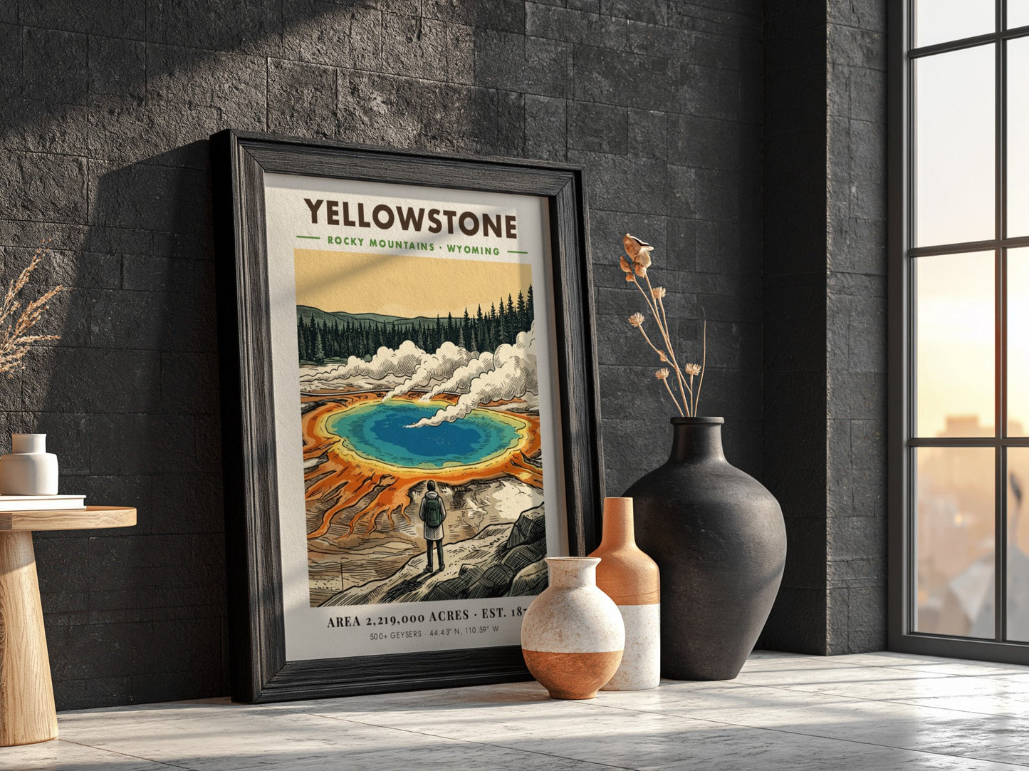 Poster of Yellowstone National Park featuring a hiker looking at a geothermal spring.