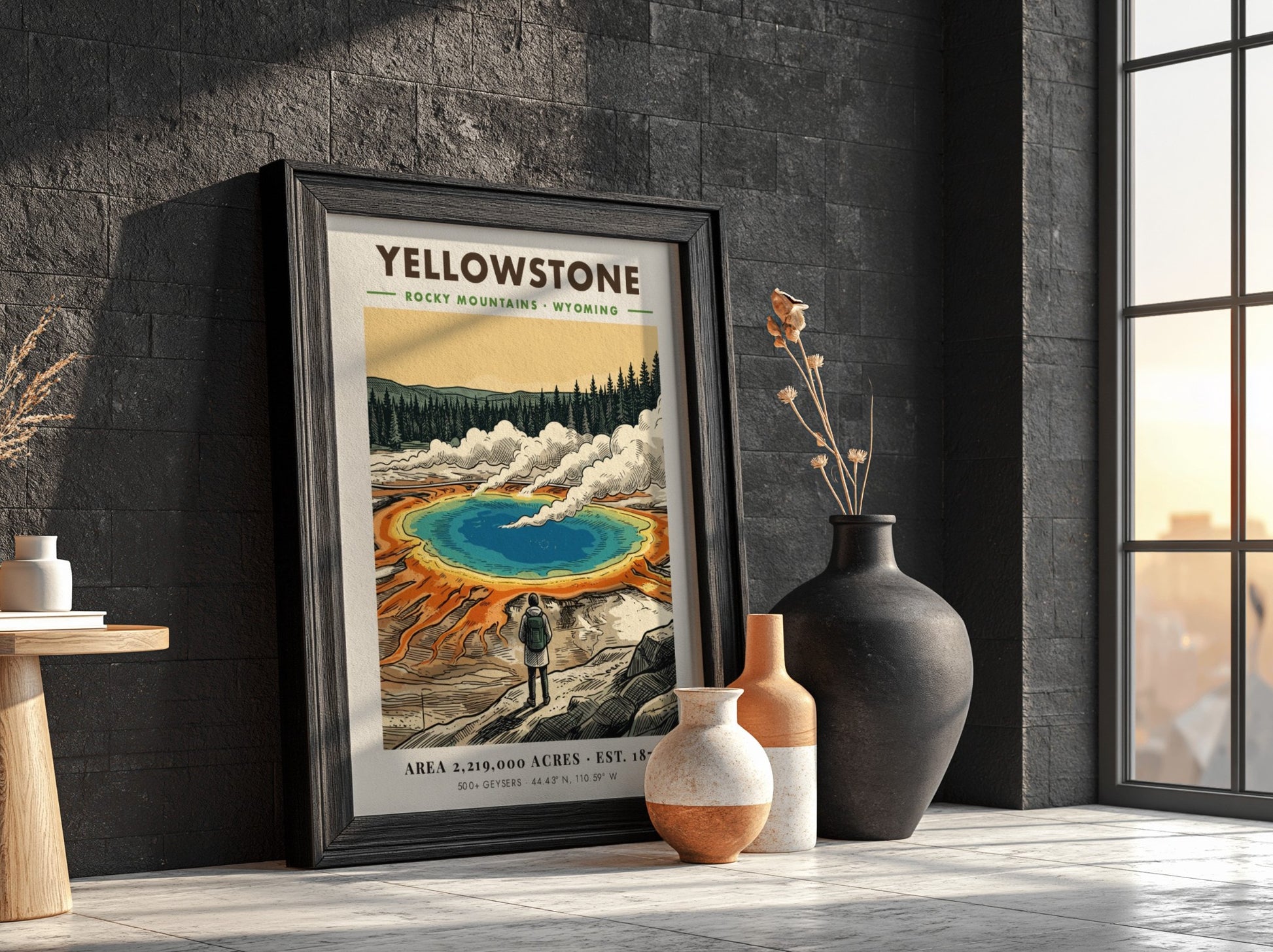 Poster of Yellowstone National Park featuring a hiker looking at a geothermal spring.