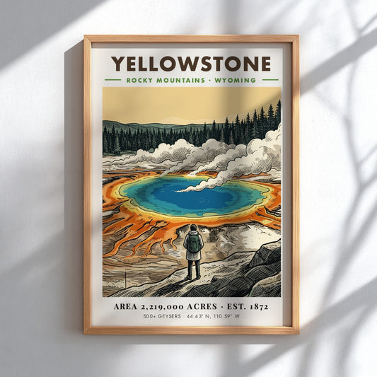Poster of Yellowstone National Park featuring a hiker looking at a geothermal spring.