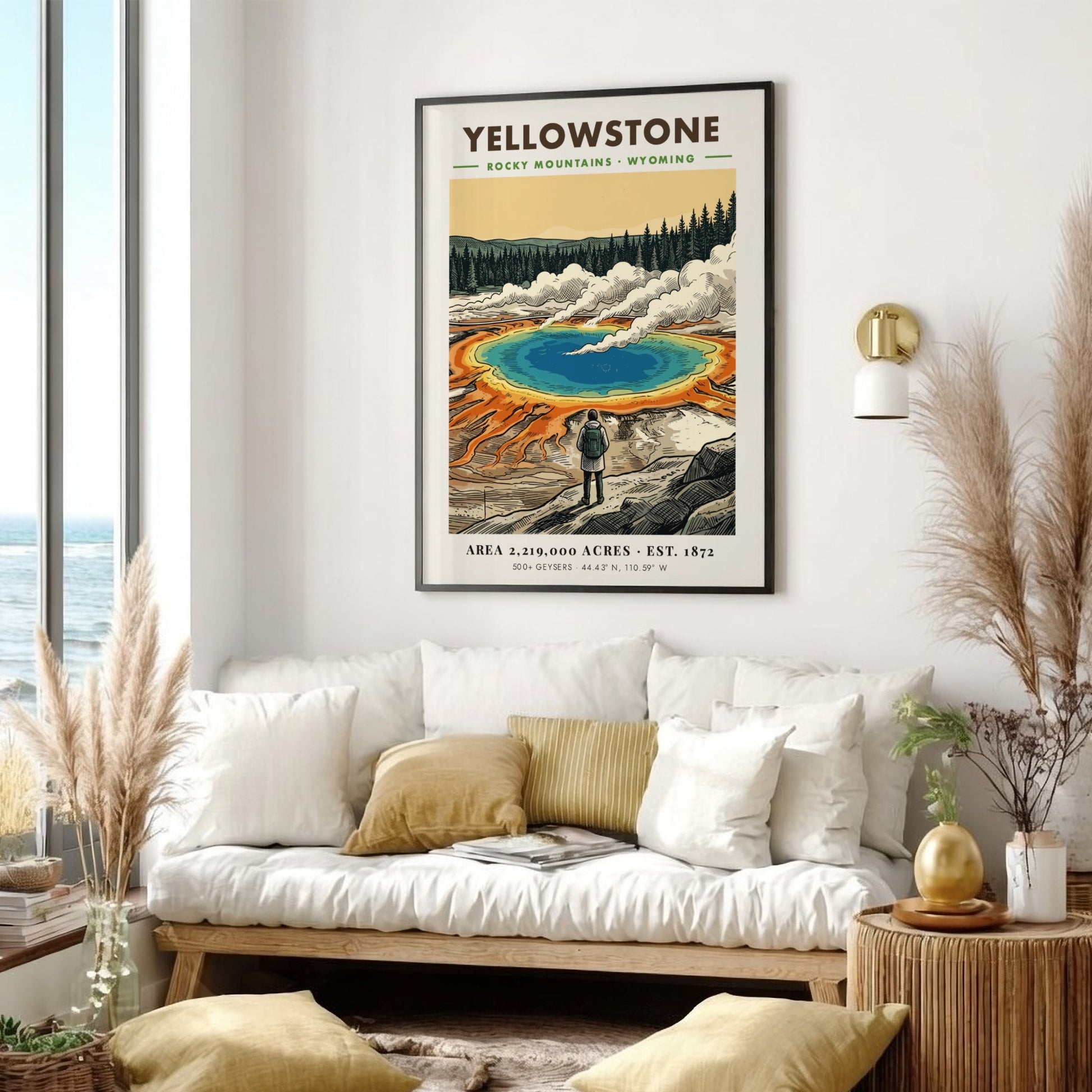 Poster of Yellowstone National Park featuring a hiker looking at a geothermal spring.