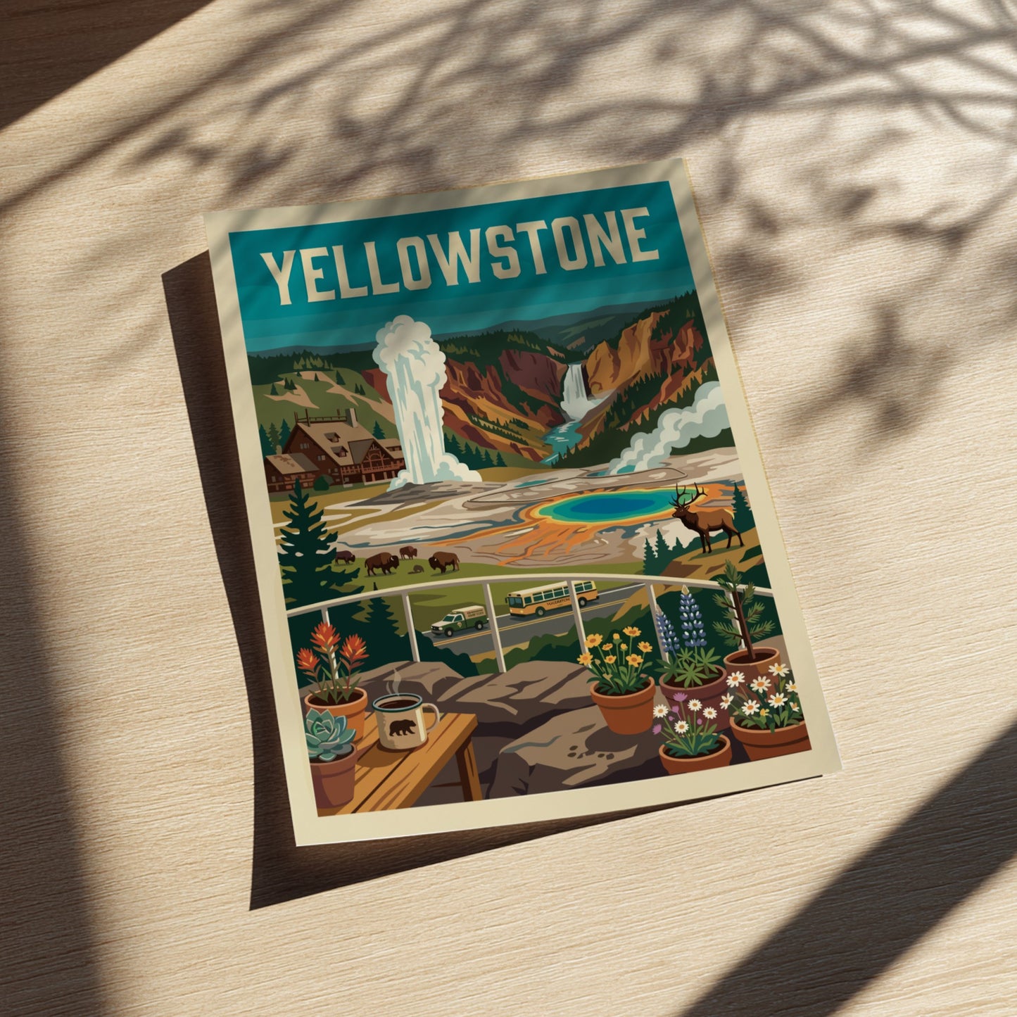 Vintage Yellowstone National Park poster with a geyser, hot springs, waterfall, bison, and elk. Retro travel