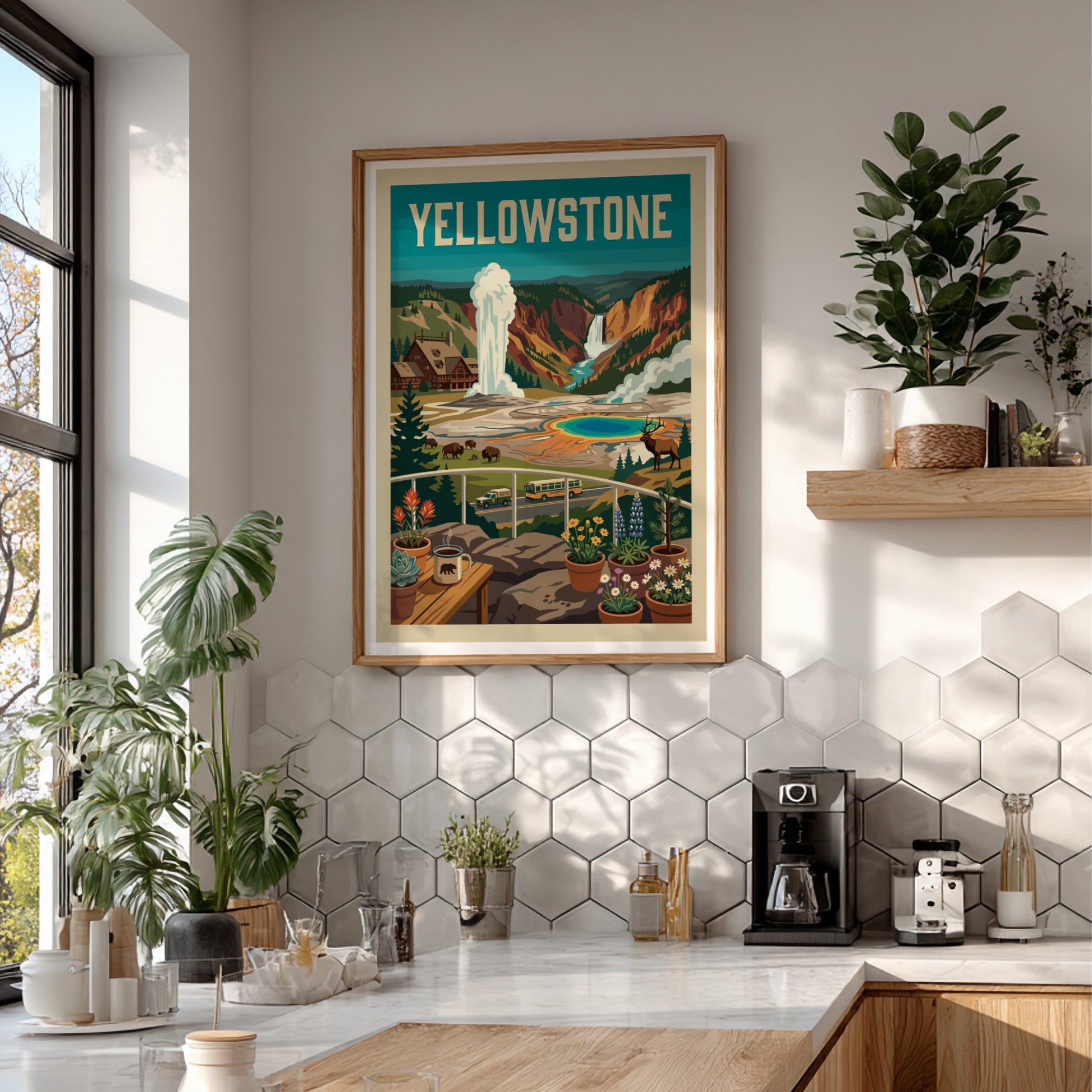 Vintage Yellowstone National Park poster with a geyser, hot springs, waterfall, bison, and elk. Retro travel