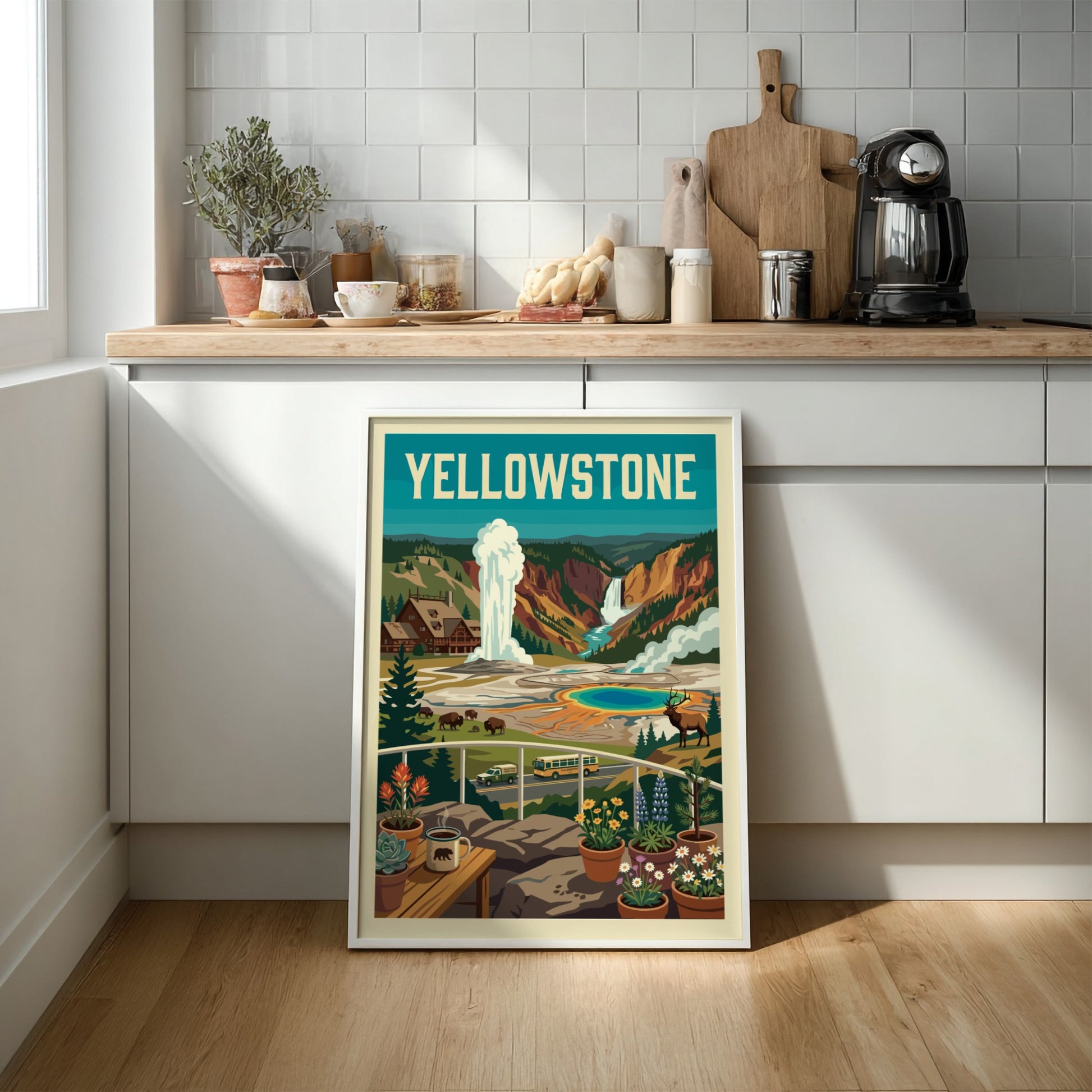 Vintage Yellowstone National Park poster with a geyser, hot springs, waterfall, bison, and elk. Retro travel