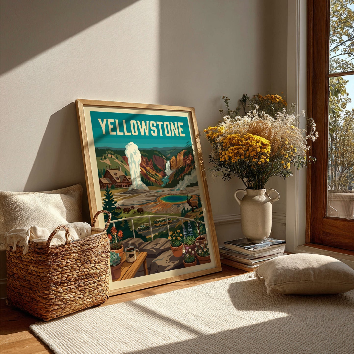 Vintage Yellowstone National Park poster with a geyser, hot springs, waterfall, bison, and elk. Retro travel