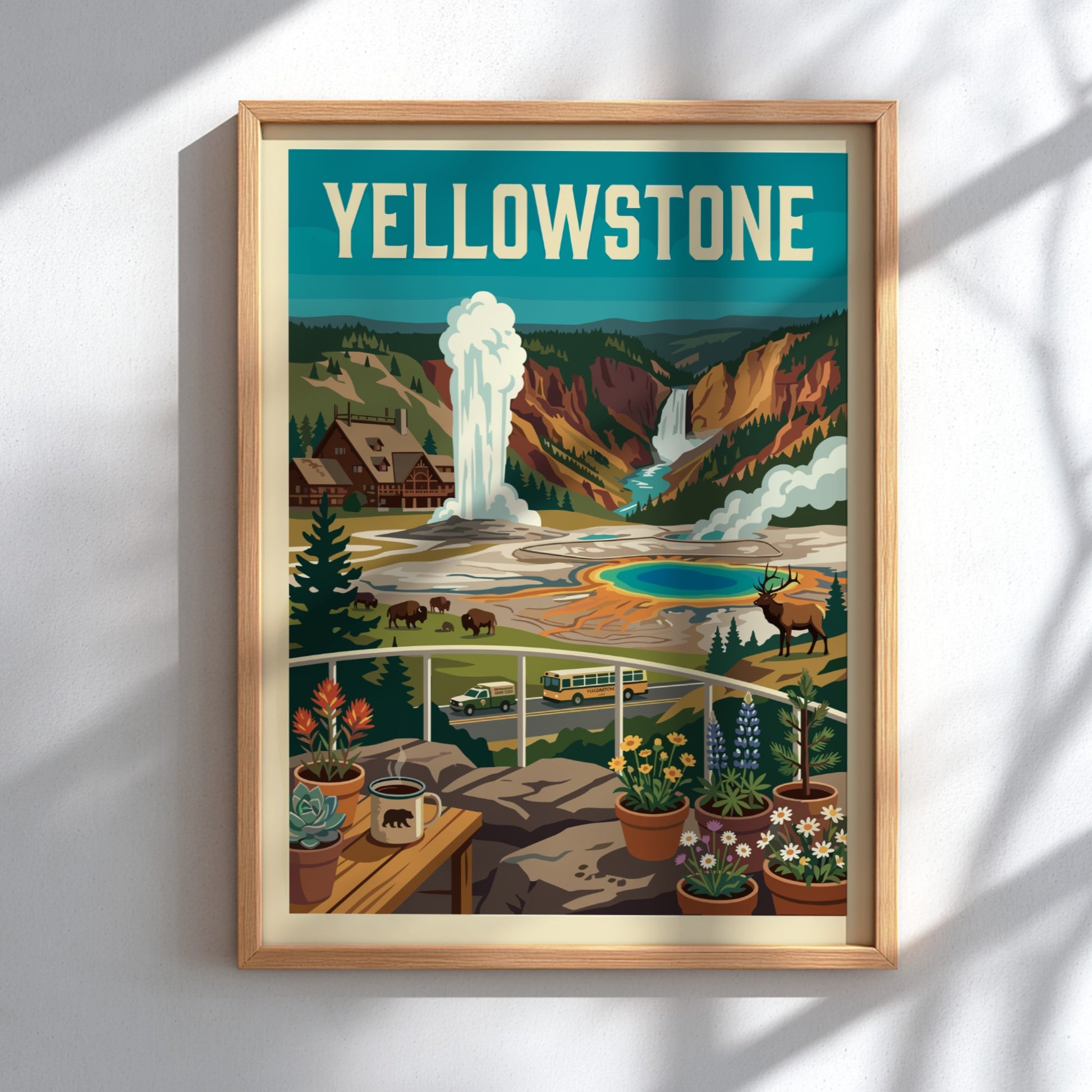 Vintage Yellowstone National Park poster with a geyser, hot springs, waterfall, bison, and elk. Retro travel