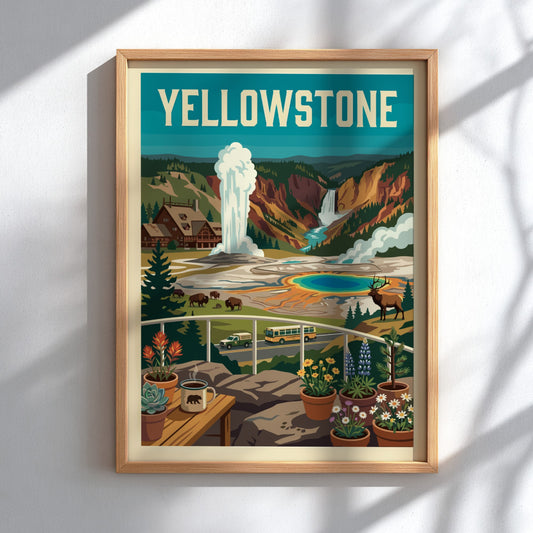 Vintage Yellowstone National Park poster with a geyser, hot springs, waterfall, bison, and elk. Retro travel