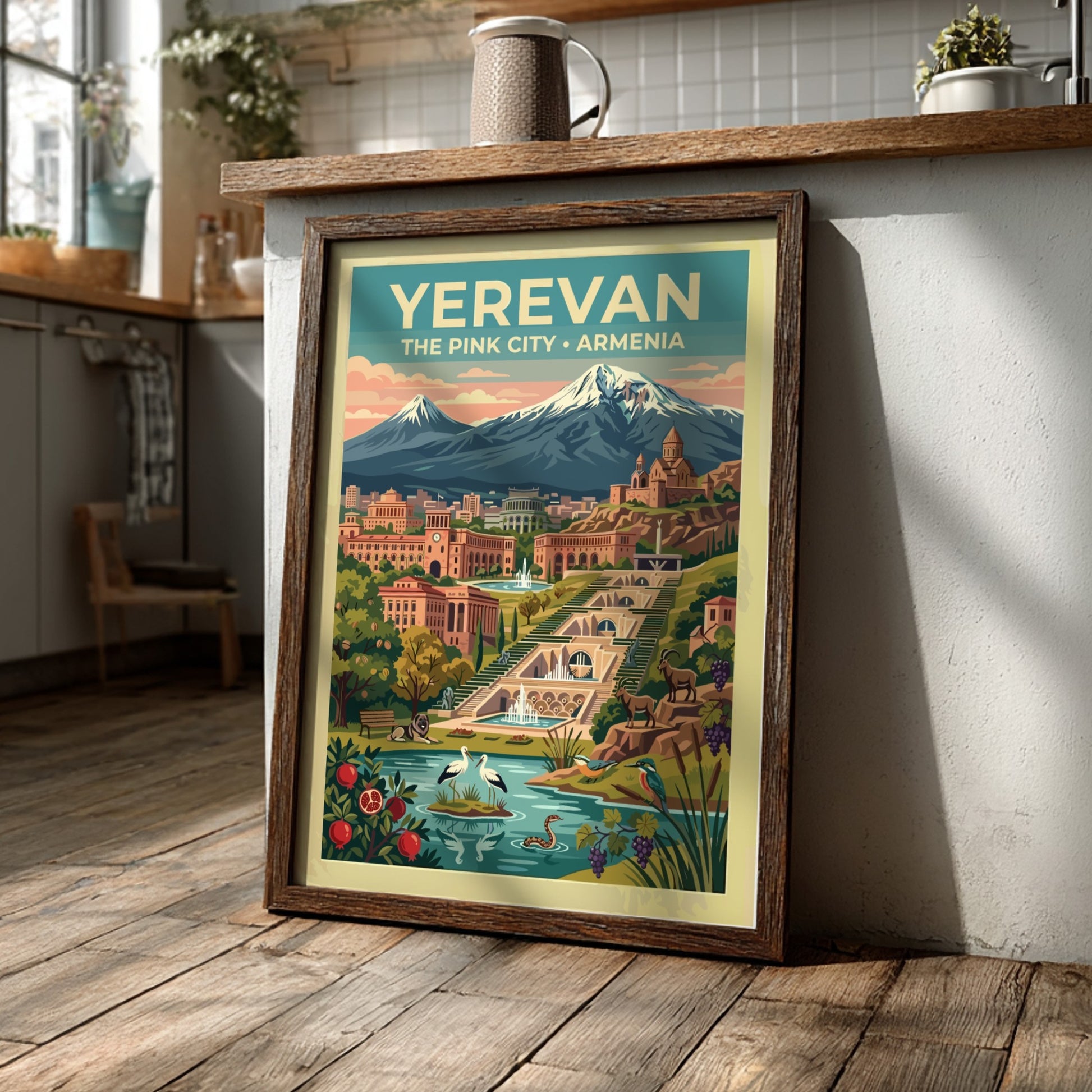 Travel poster of Yerevan featuring the Cascade complex, Mount Ararat, and local wildlife.
