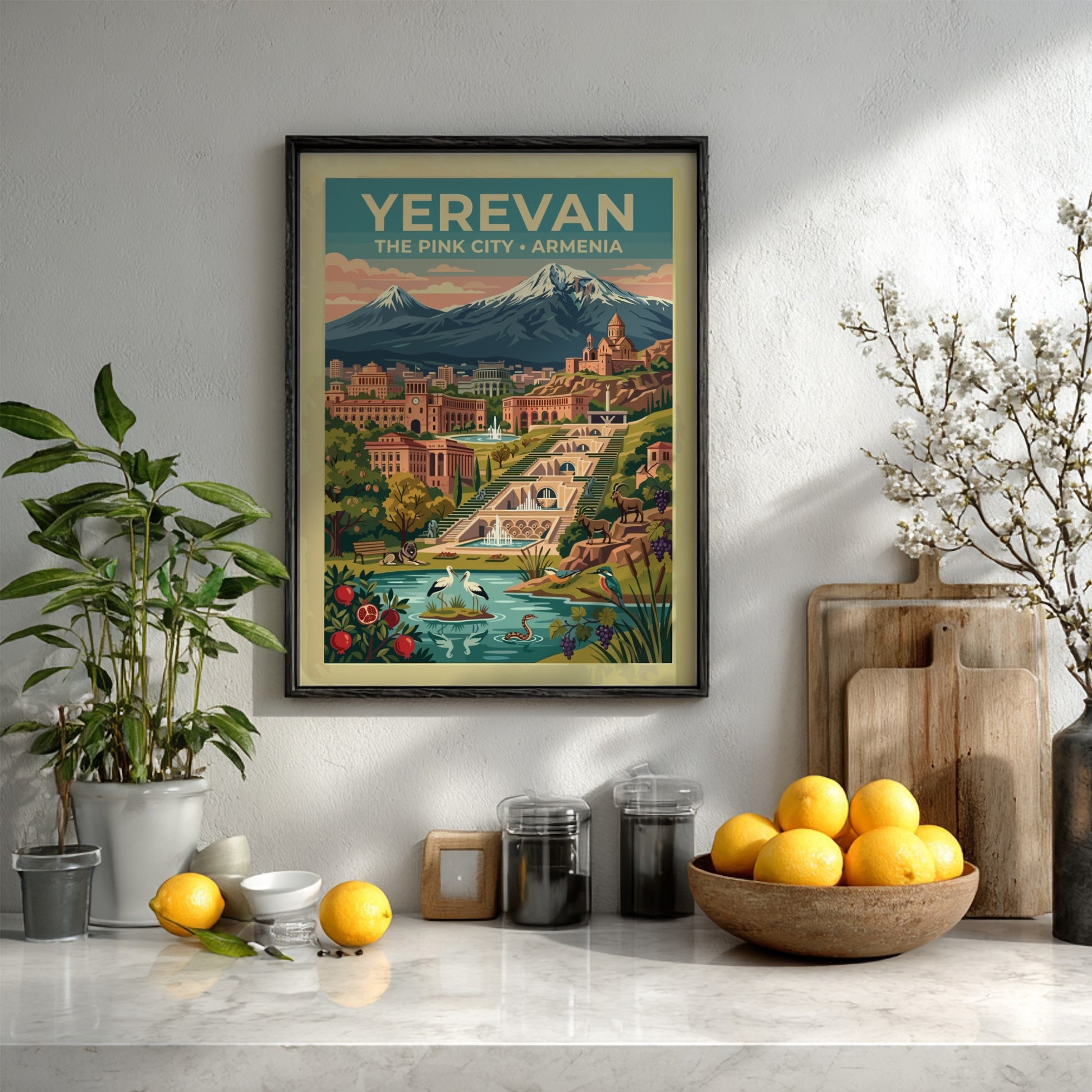 Travel poster of Yerevan featuring the Cascade complex, Mount Ararat, and local wildlife.
