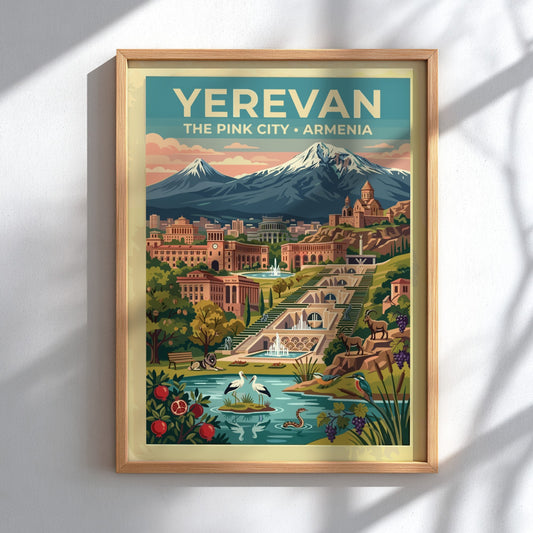 Travel poster of Yerevan featuring the Cascade complex, Mount Ararat, and local wildlife.