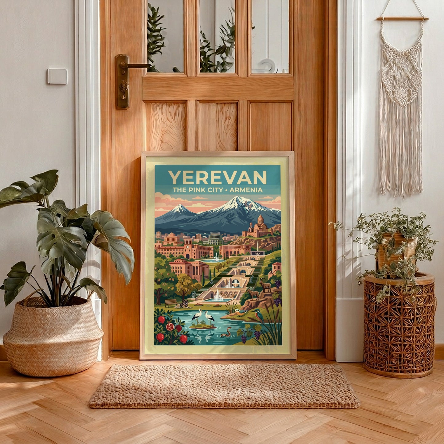 Travel poster of Yerevan featuring the Cascade complex, Mount Ararat, and local wildlife.