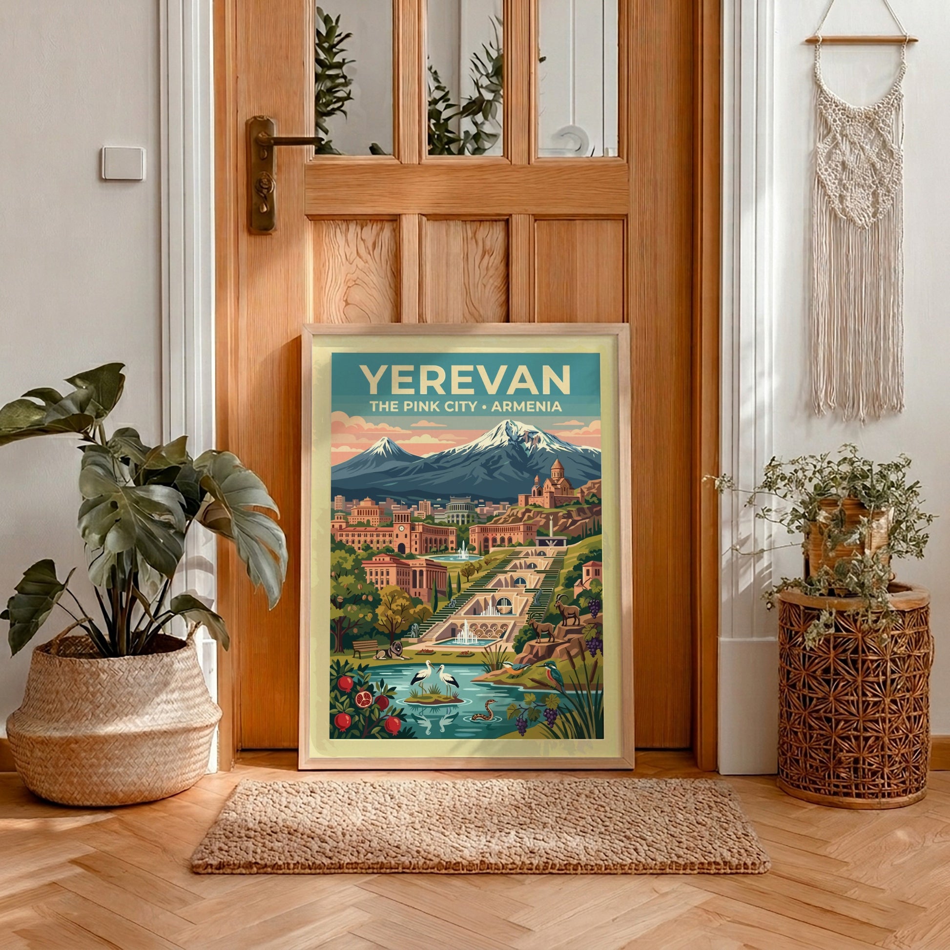 Travel poster of Yerevan featuring the Cascade complex, Mount Ararat, and local wildlife.