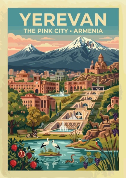 Travel poster of Yerevan featuring the Cascade complex, Mount Ararat, and local wildlife.
