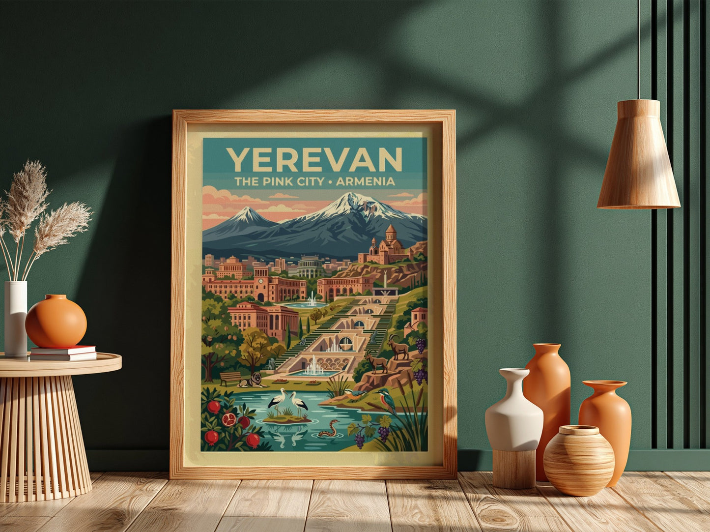 Travel poster of Yerevan featuring the Cascade complex, Mount Ararat, and local wildlife.