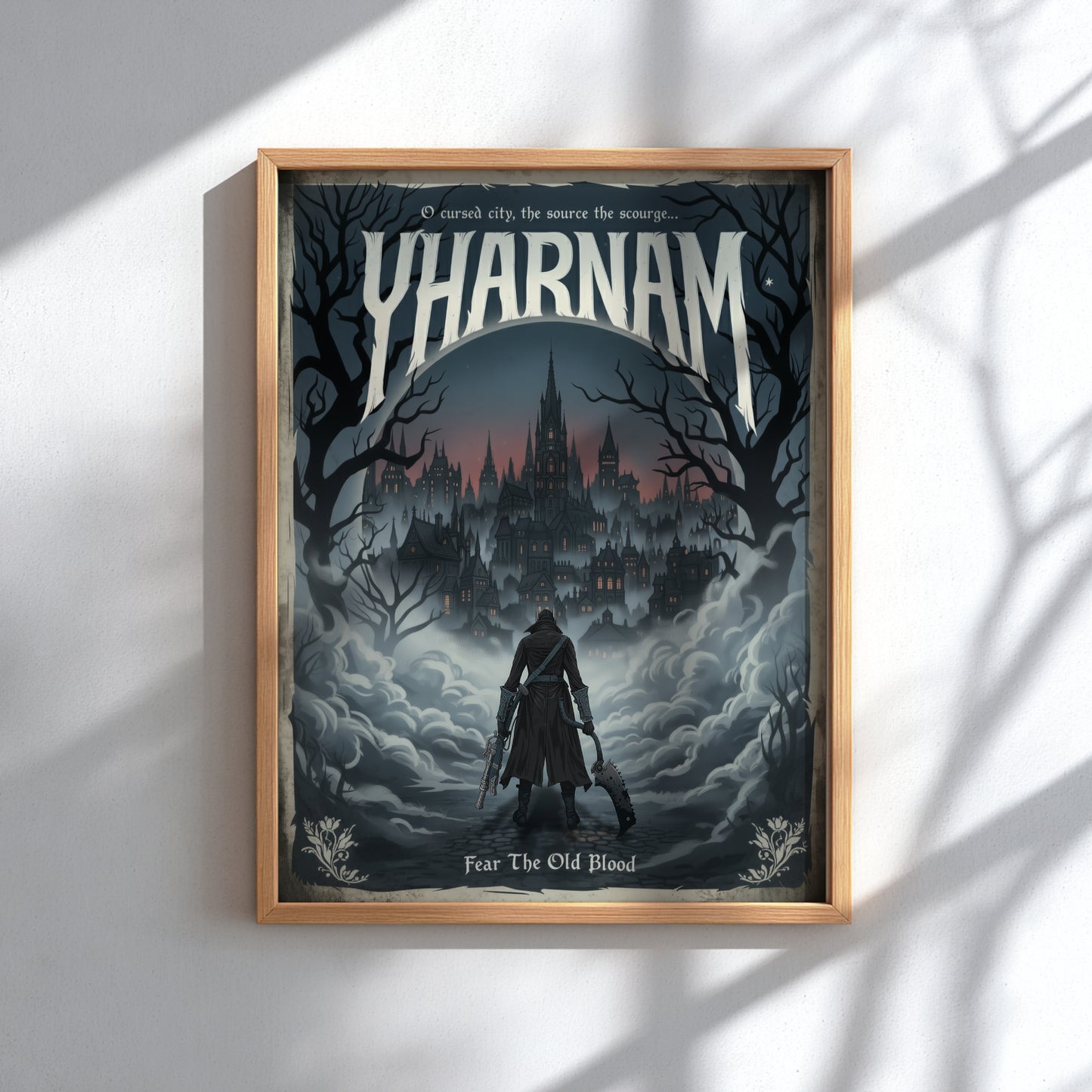 Framed poster of 'Yharnam' with a dark, gothic landscape and silhouette of a character.