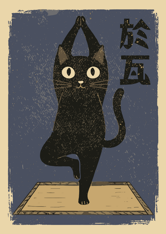 Illustration of a black cat doing yoga on a blue background