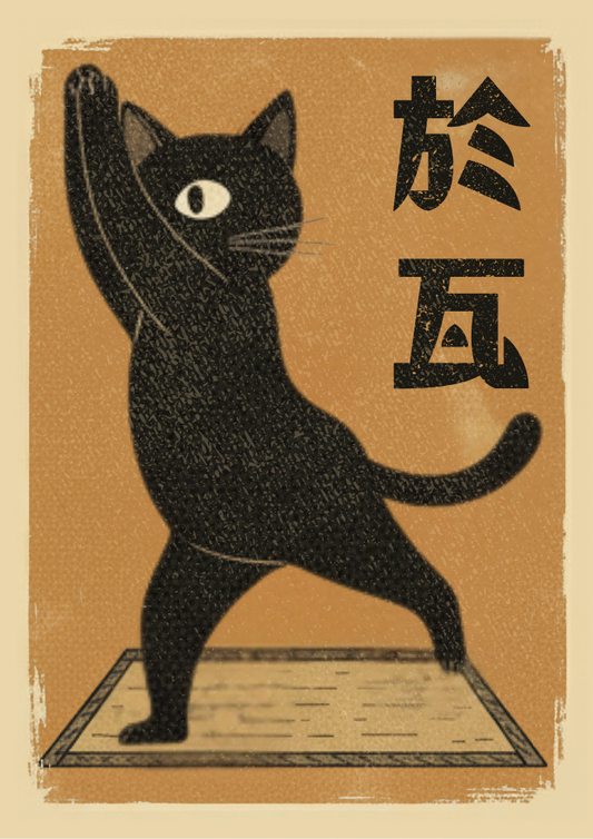 Vintage-style illustration of a black cat on a brown background with Japanese text