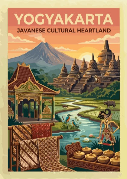 Travel poster of Yogyakarta featuring Borobudur temple, a mountain, rice paddies, and gamelan.