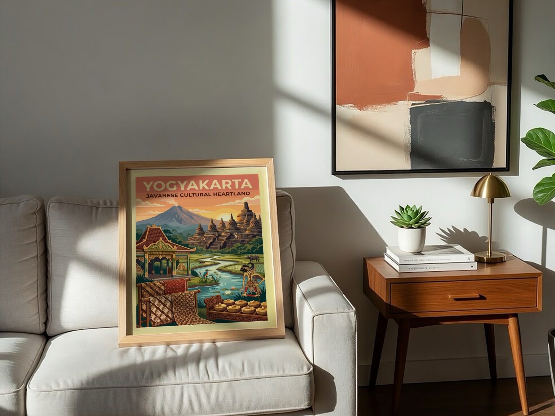 Travel poster of Yogyakarta featuring Borobudur temple, a mountain, rice paddies, and gamelan.