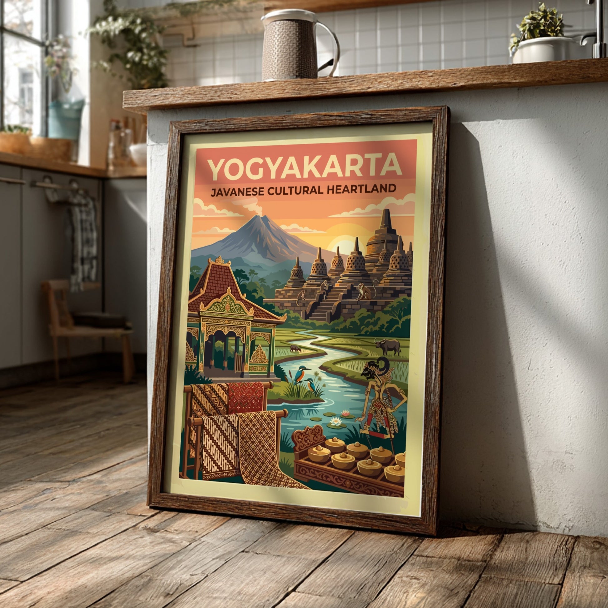 Travel poster of Yogyakarta featuring Borobudur temple, a mountain, rice paddies, and gamelan.