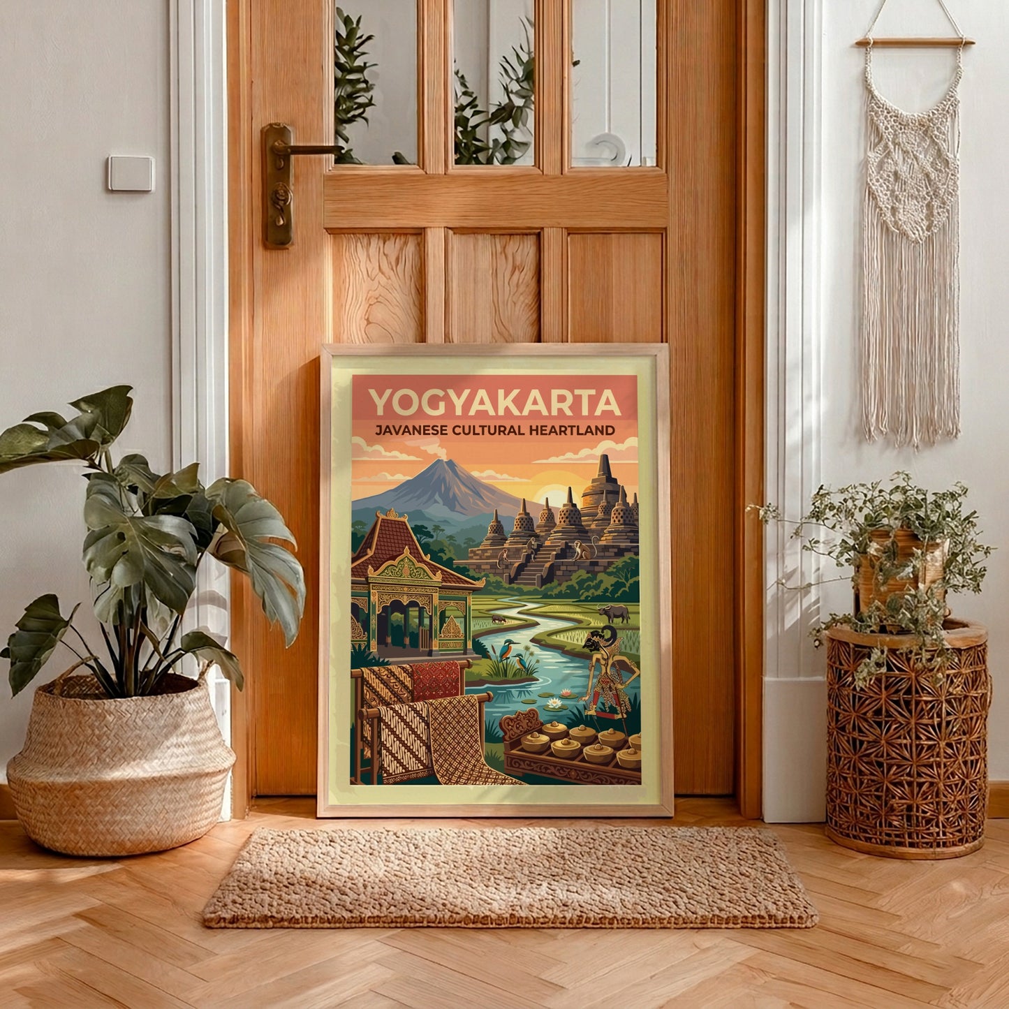Travel poster of Yogyakarta featuring Borobudur temple, a mountain, rice paddies, and gamelan.