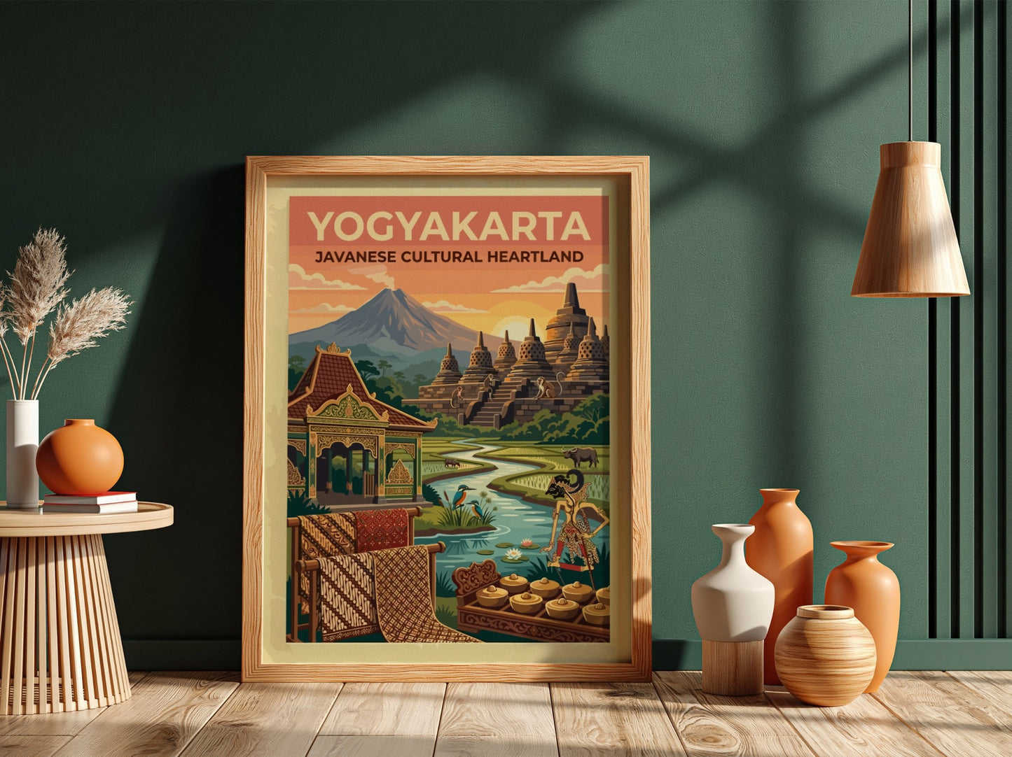 Travel poster of Yogyakarta featuring Borobudur temple, a mountain, rice paddies, and gamelan.