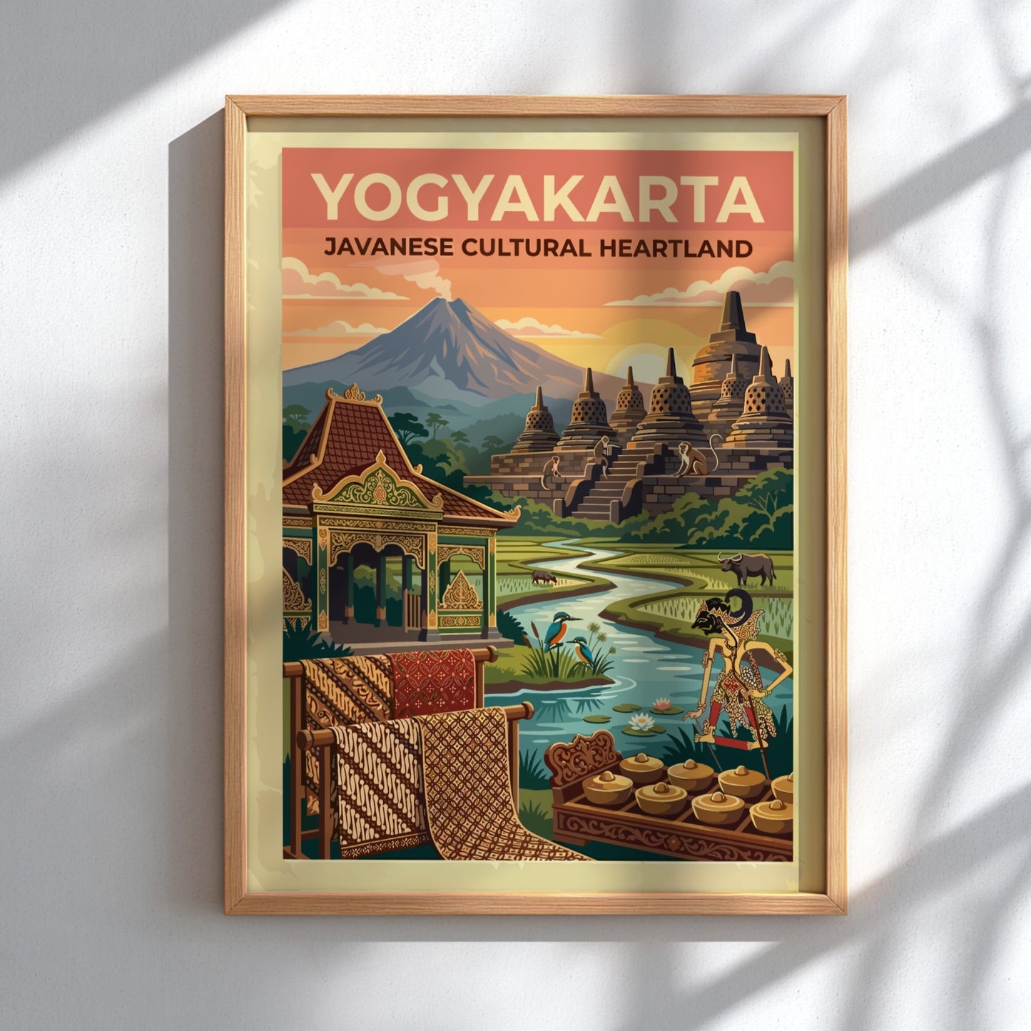 Travel poster of Yogyakarta featuring Borobudur temple, a mountain, rice paddies, and gamelan.
