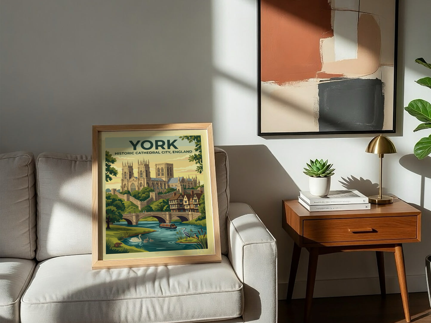 Travel poster of York England featuring the cathedral stone walls and river scenes