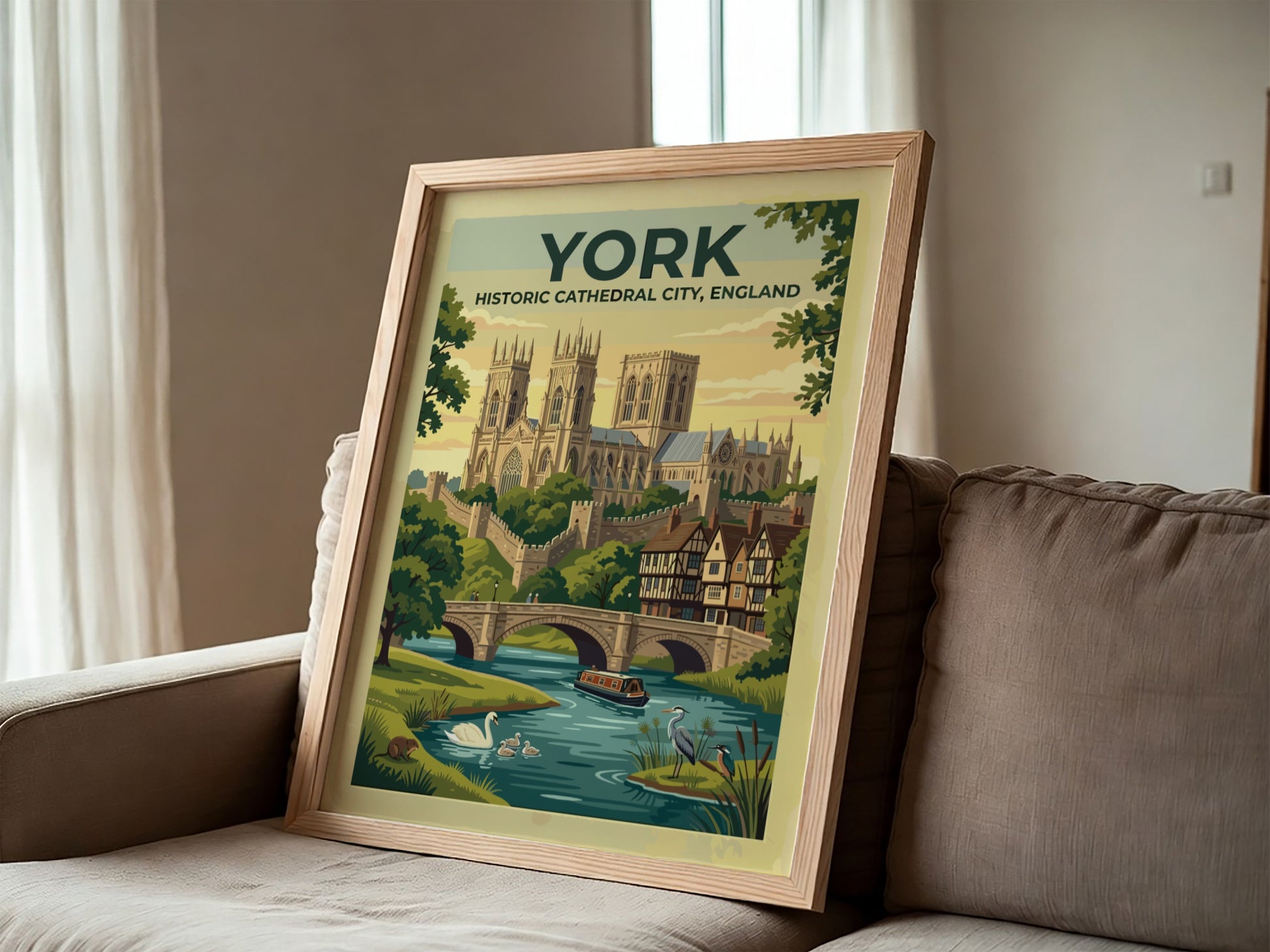 Travel poster of York England featuring the cathedral stone walls and river scenes