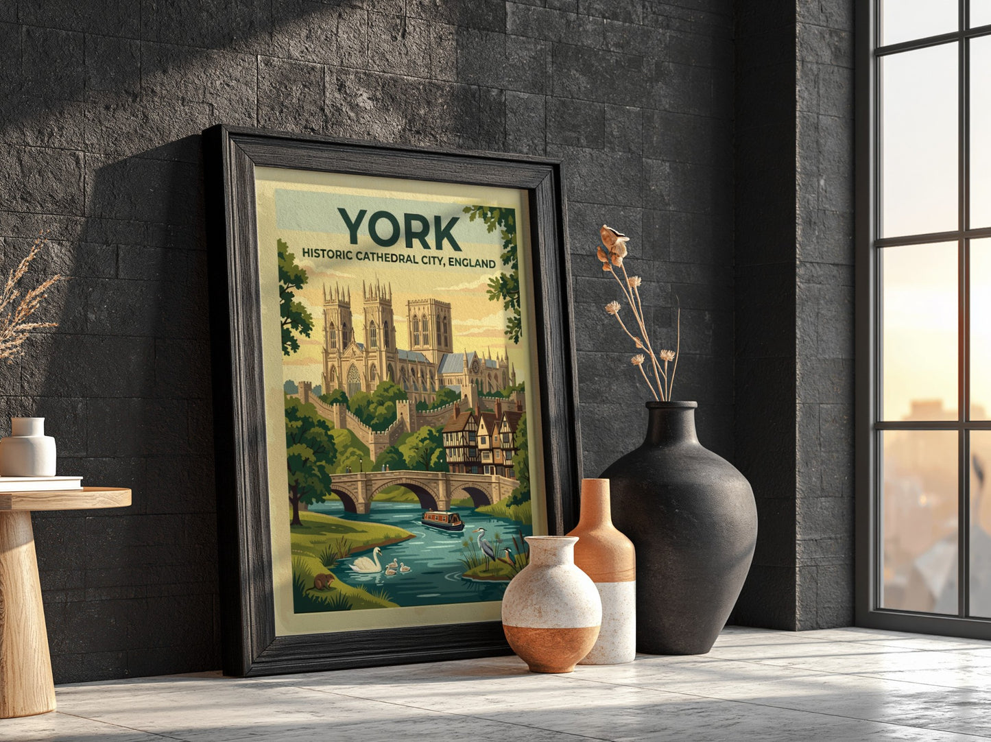 Travel poster of York England featuring the cathedral stone walls and river scenes