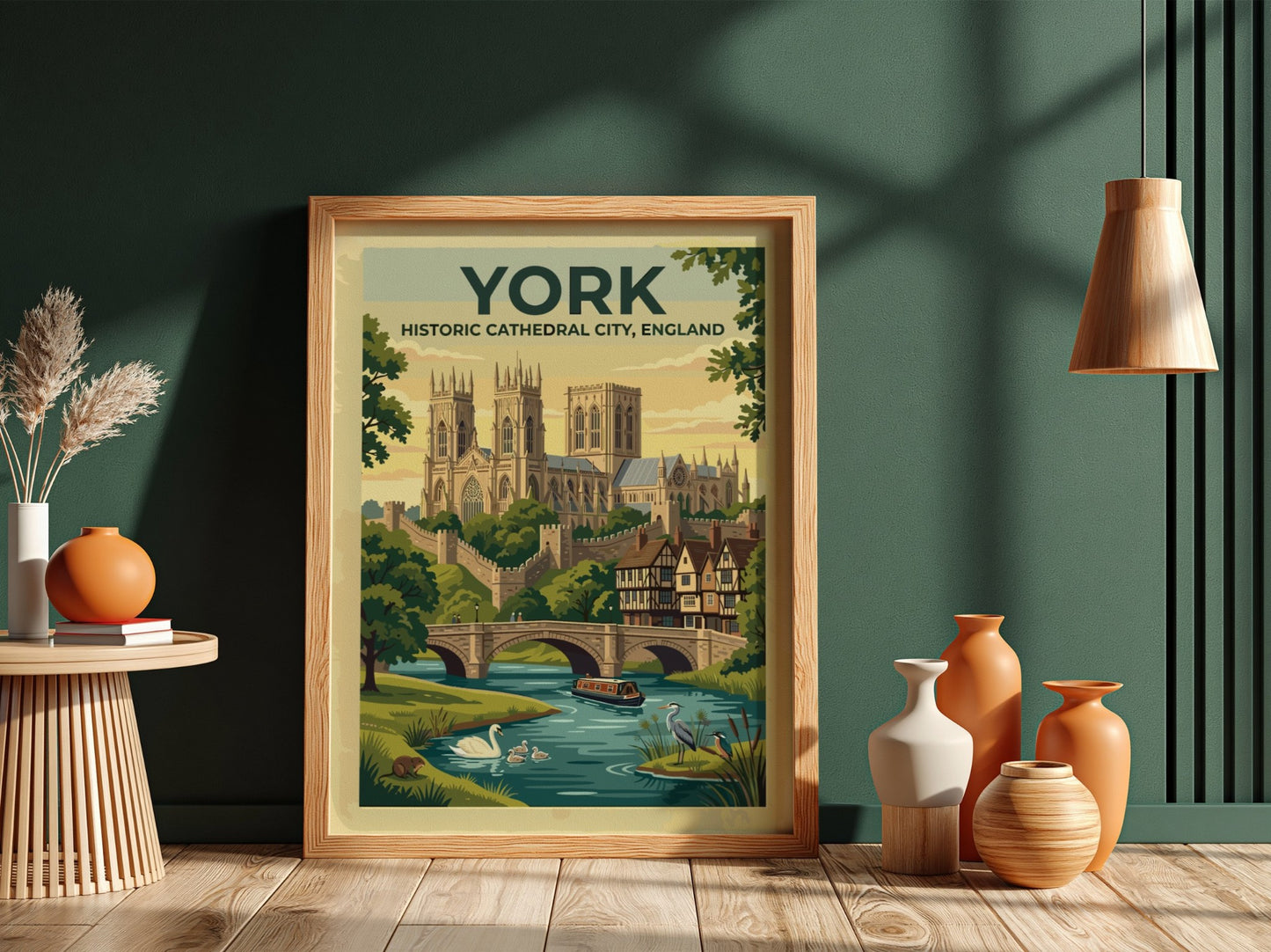 Travel poster of York England featuring the cathedral stone walls and river scenes