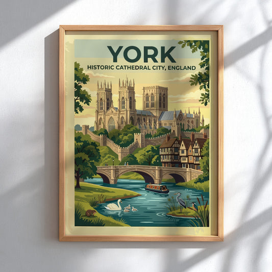 Travel poster of York England featuring the cathedral stone walls and river scenes