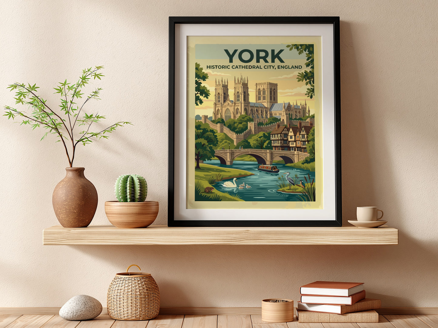 Travel poster of York England featuring the cathedral stone walls and river scenes