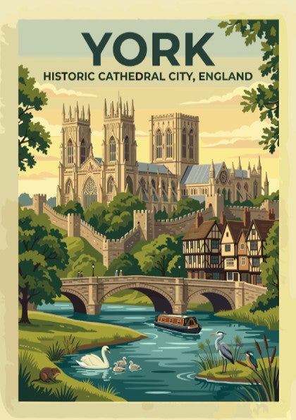 Travel poster of York England featuring the cathedral stone walls and river scenes