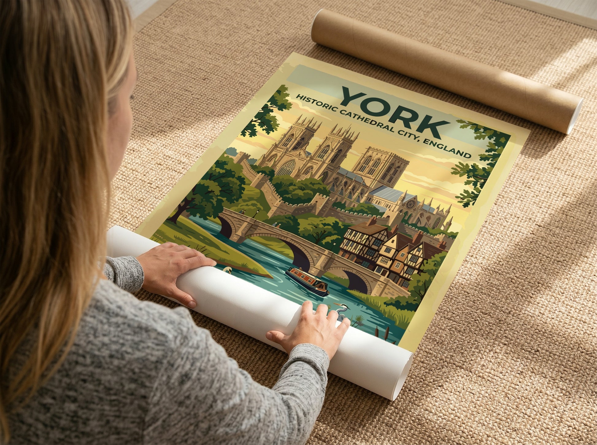 Travel poster of York England featuring the cathedral stone walls and river scenes