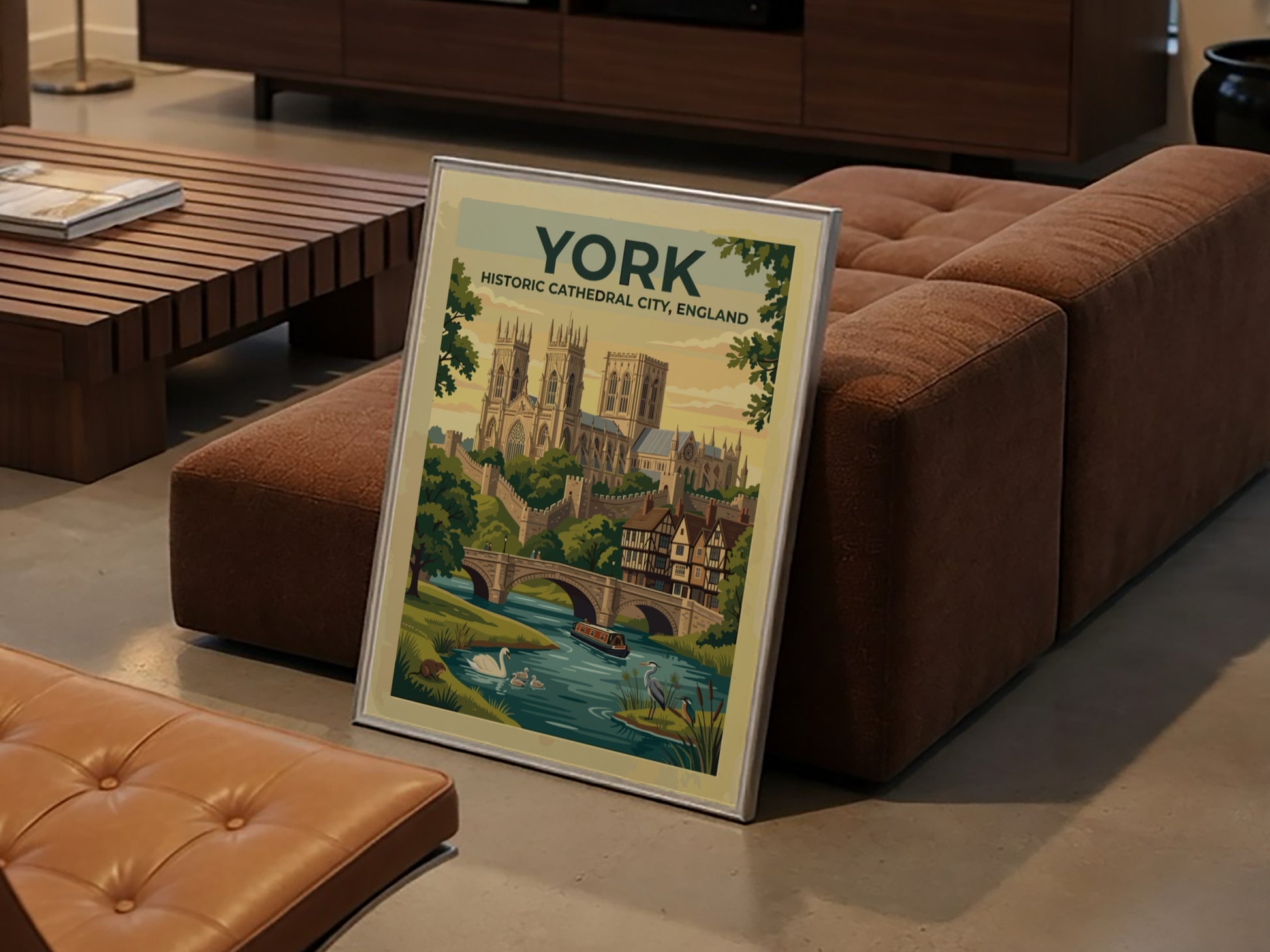 Travel poster of York England featuring the cathedral stone walls and river scenes